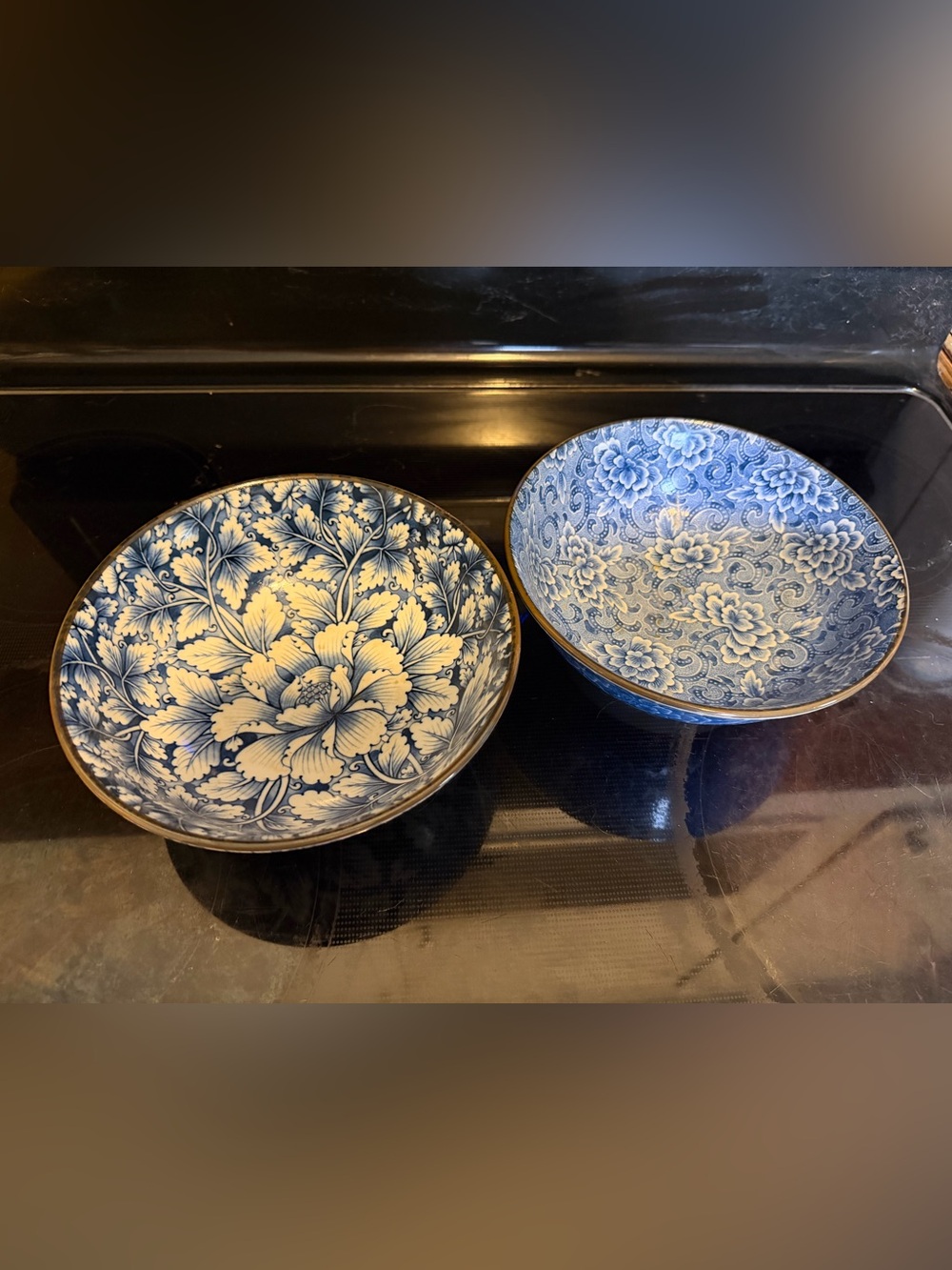 Japanese blue and white floral bowls, like new.